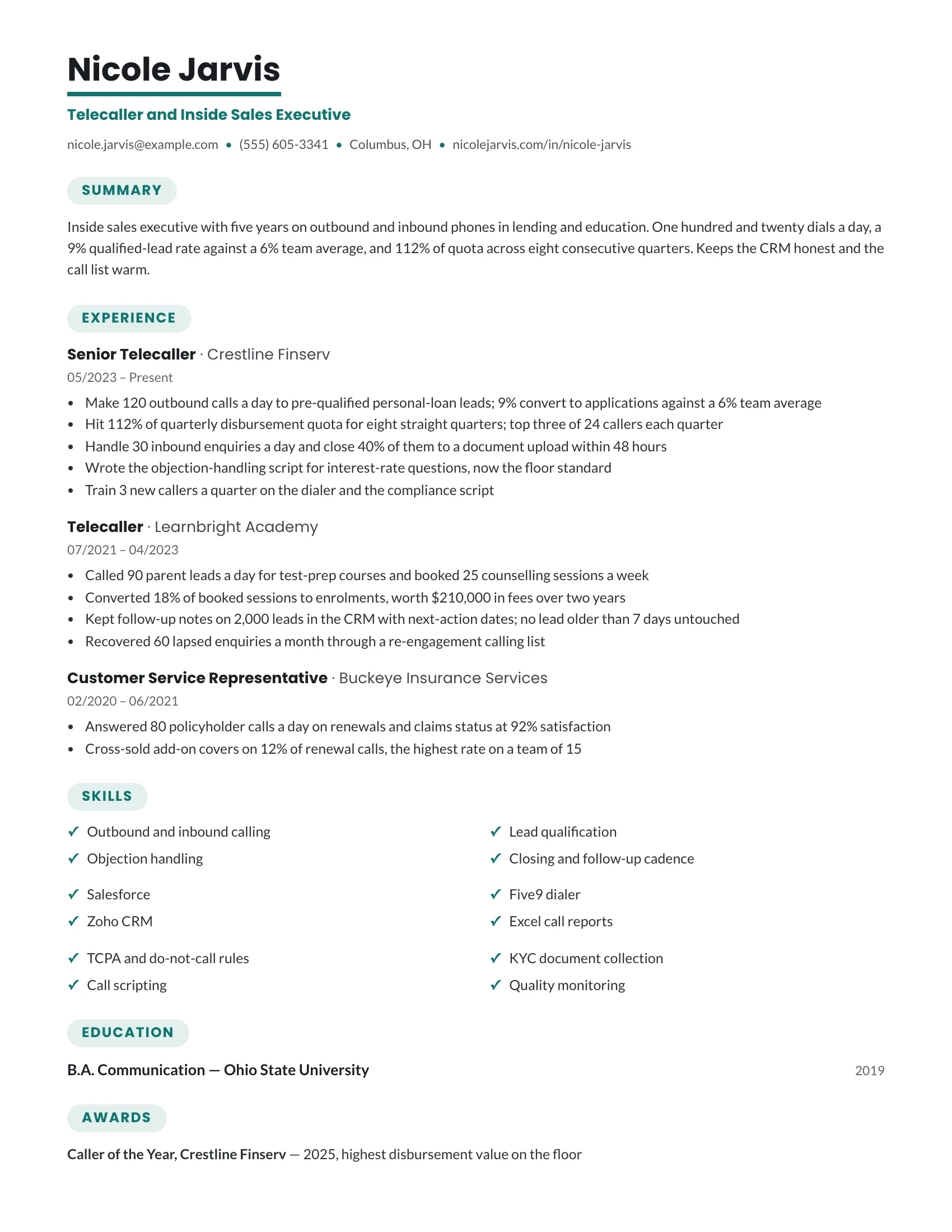 Telecaller resume example — sample document
