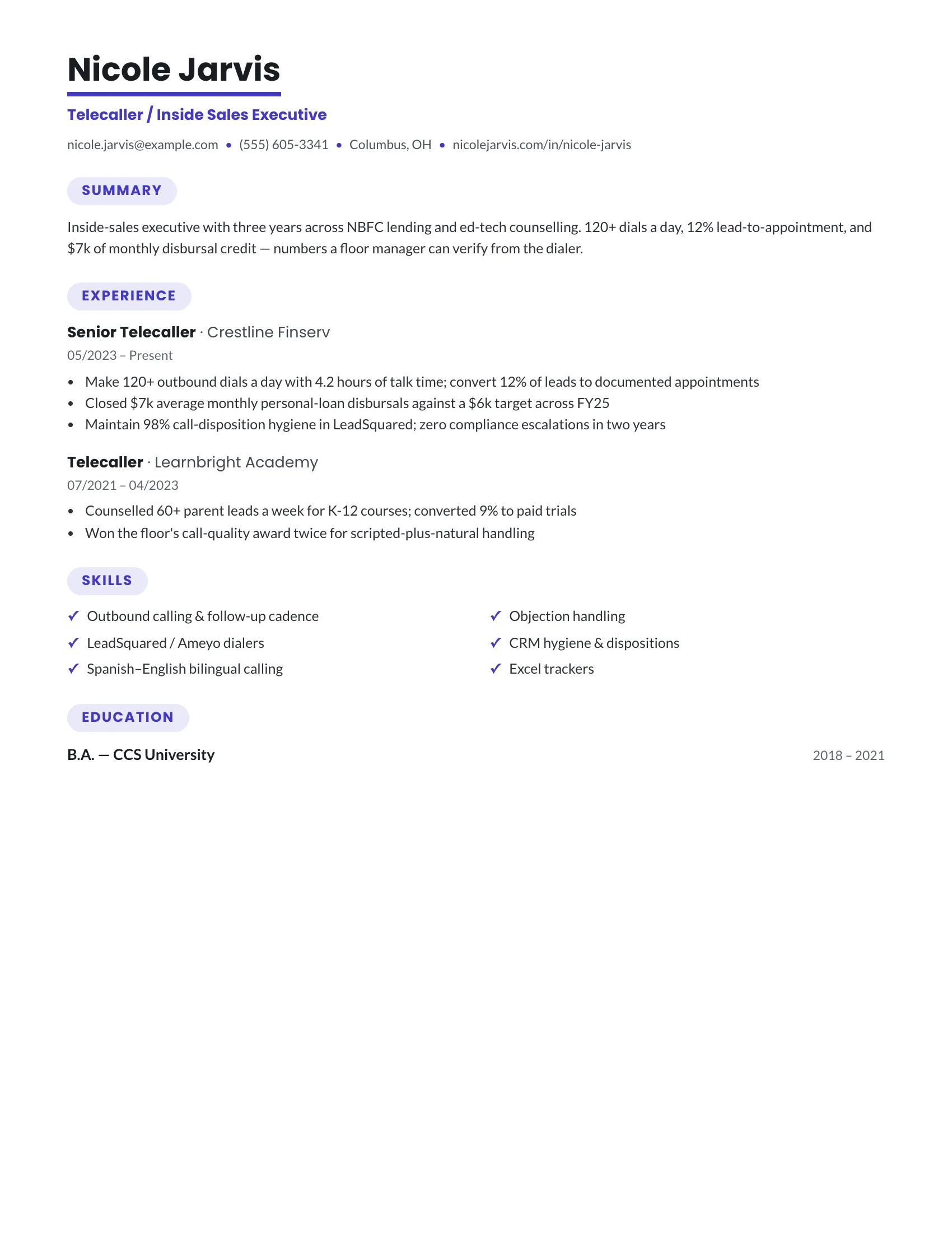 Inside Sales · Fresh (Indigo) resume template preview