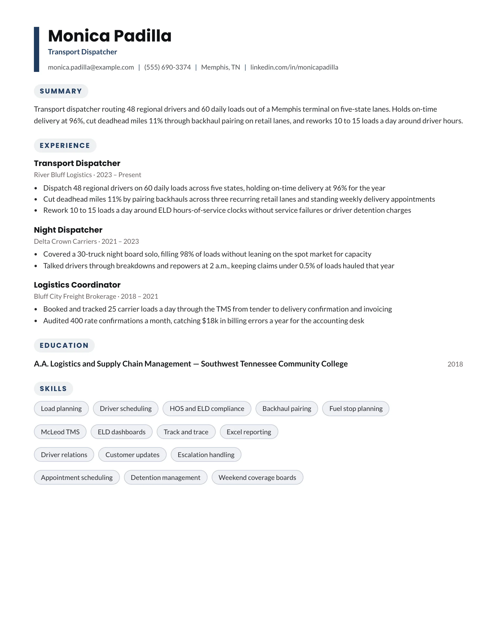 Transport Dispatcher · Pipeline resume template preview