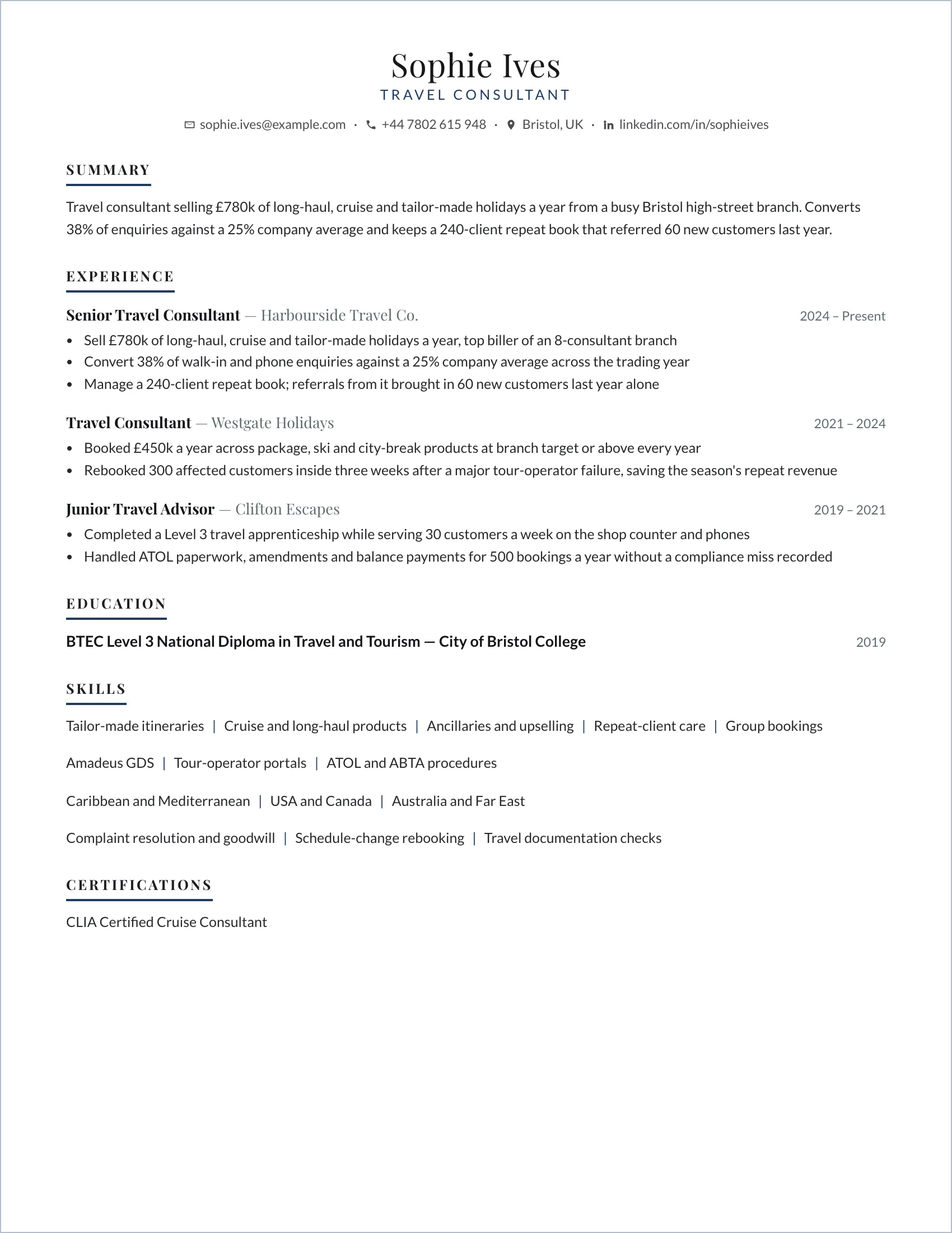 Travel Consultant · Postcard resume template preview