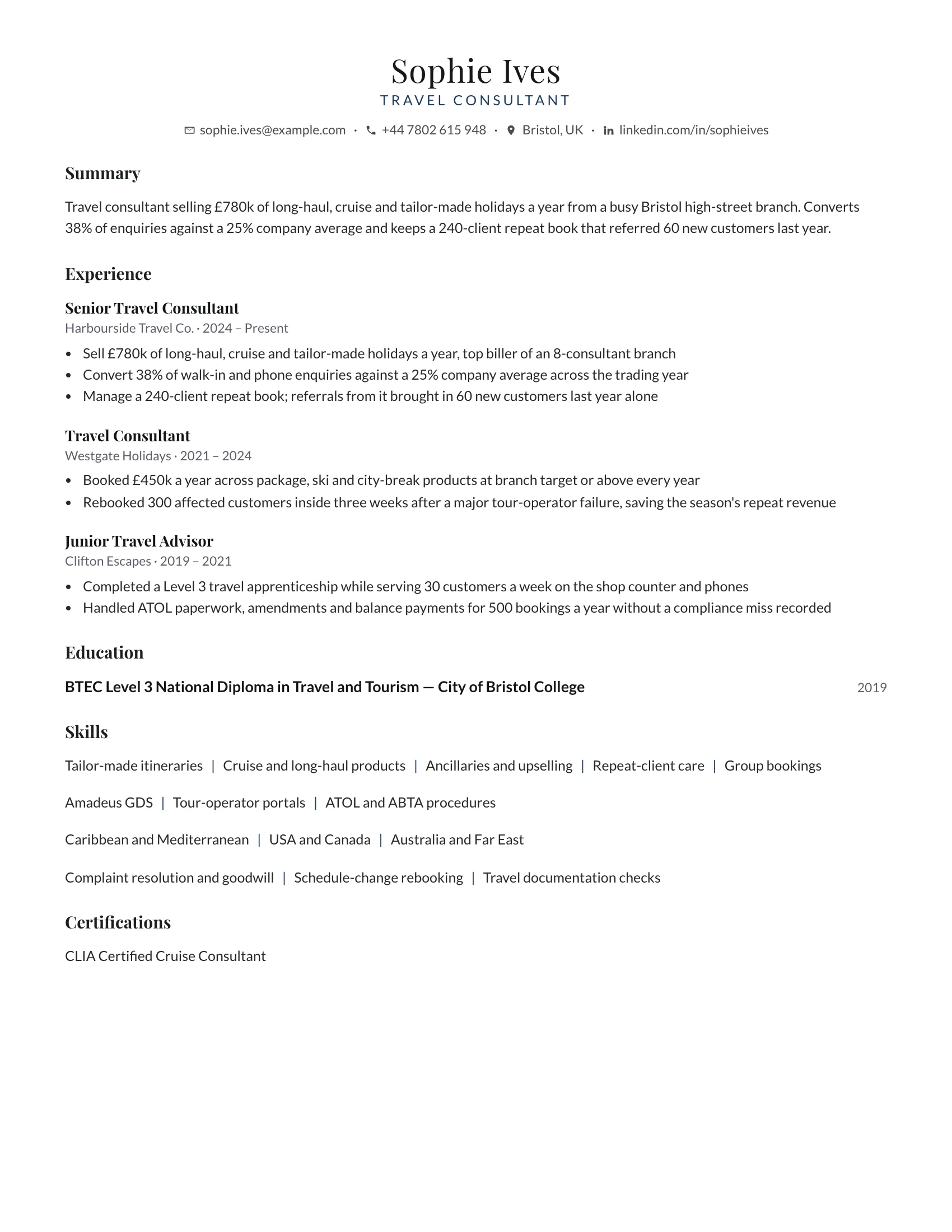 Travel Consultant · Classy resume template preview