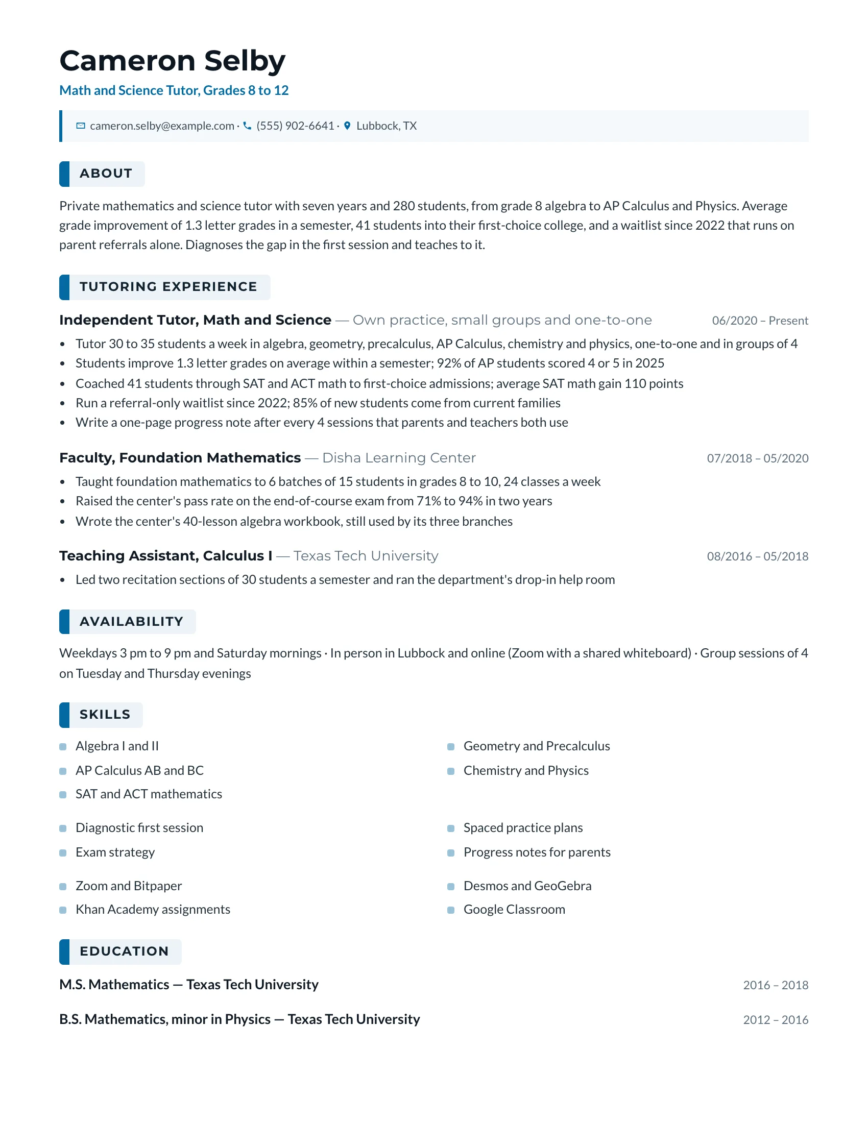 Tutor resume example — sample document