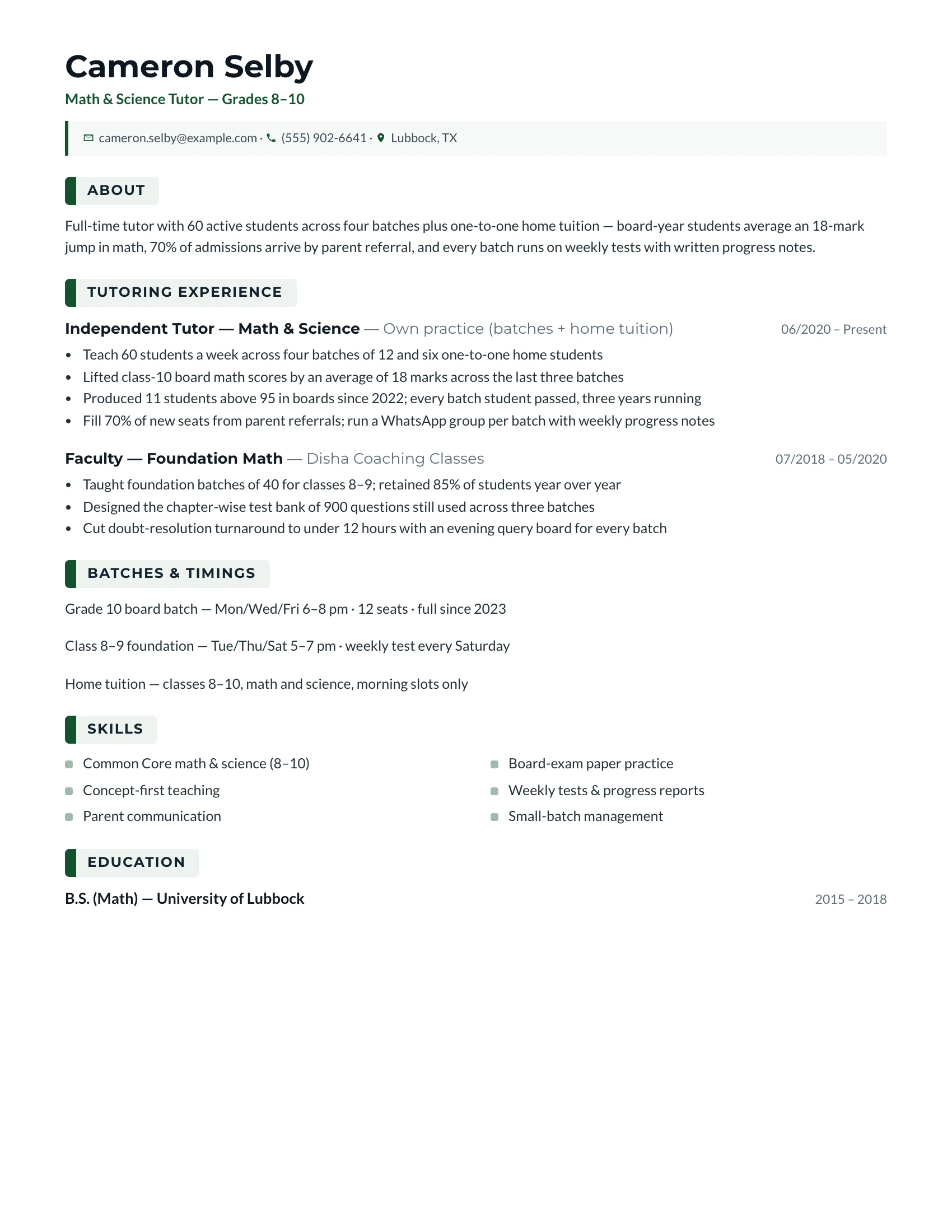 Tutor · Timetable (Forest) resume template preview