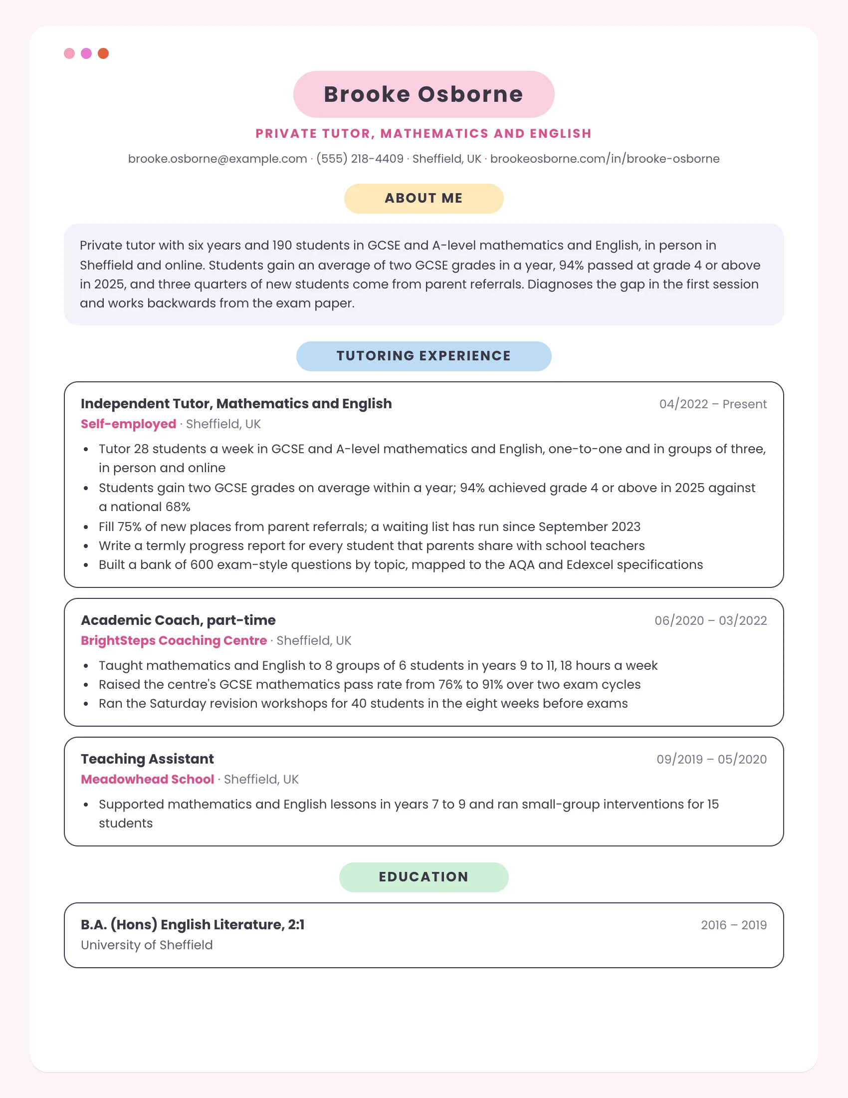 Tutor · Pastel Cards resume template preview