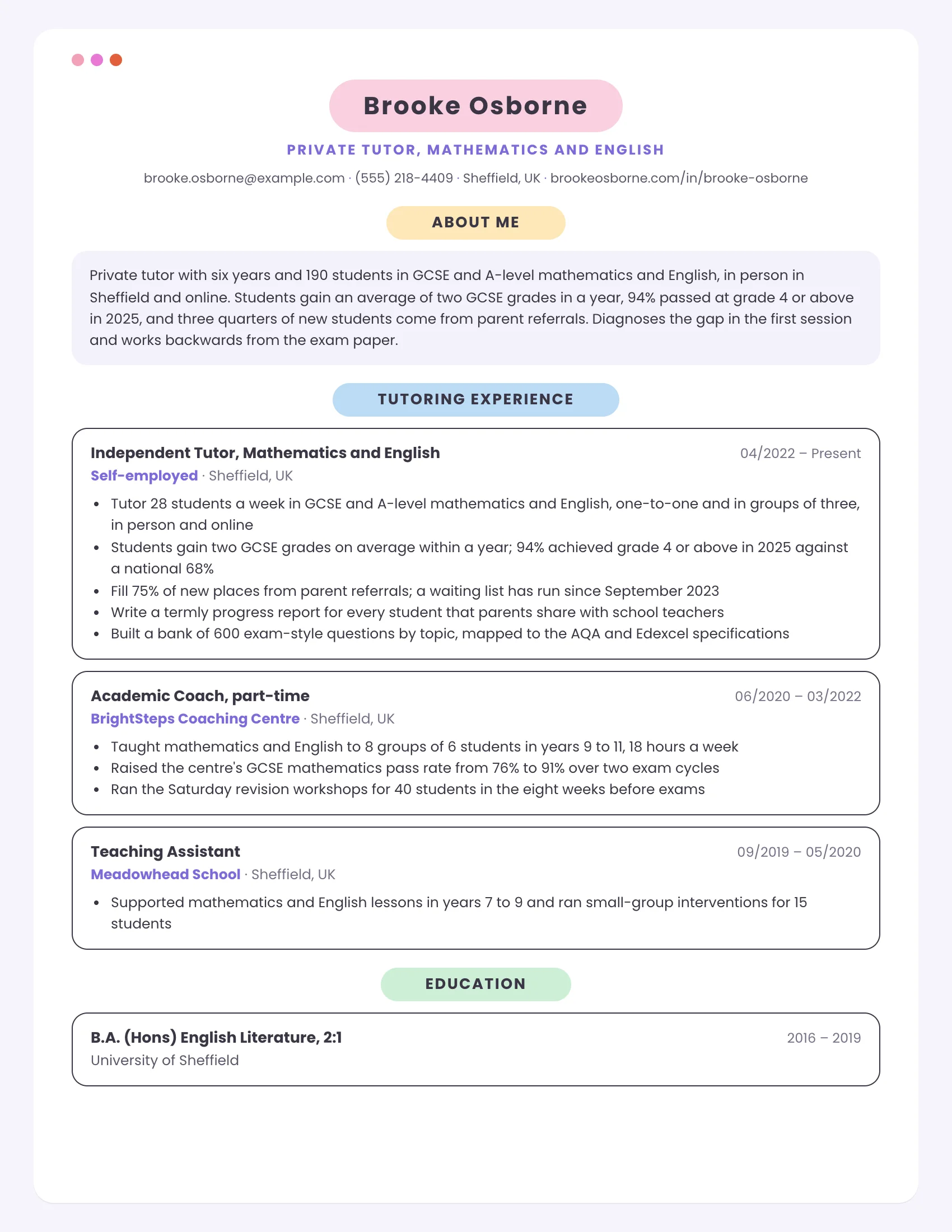 Tutor · Pastel Cards (Indigo) resume template preview