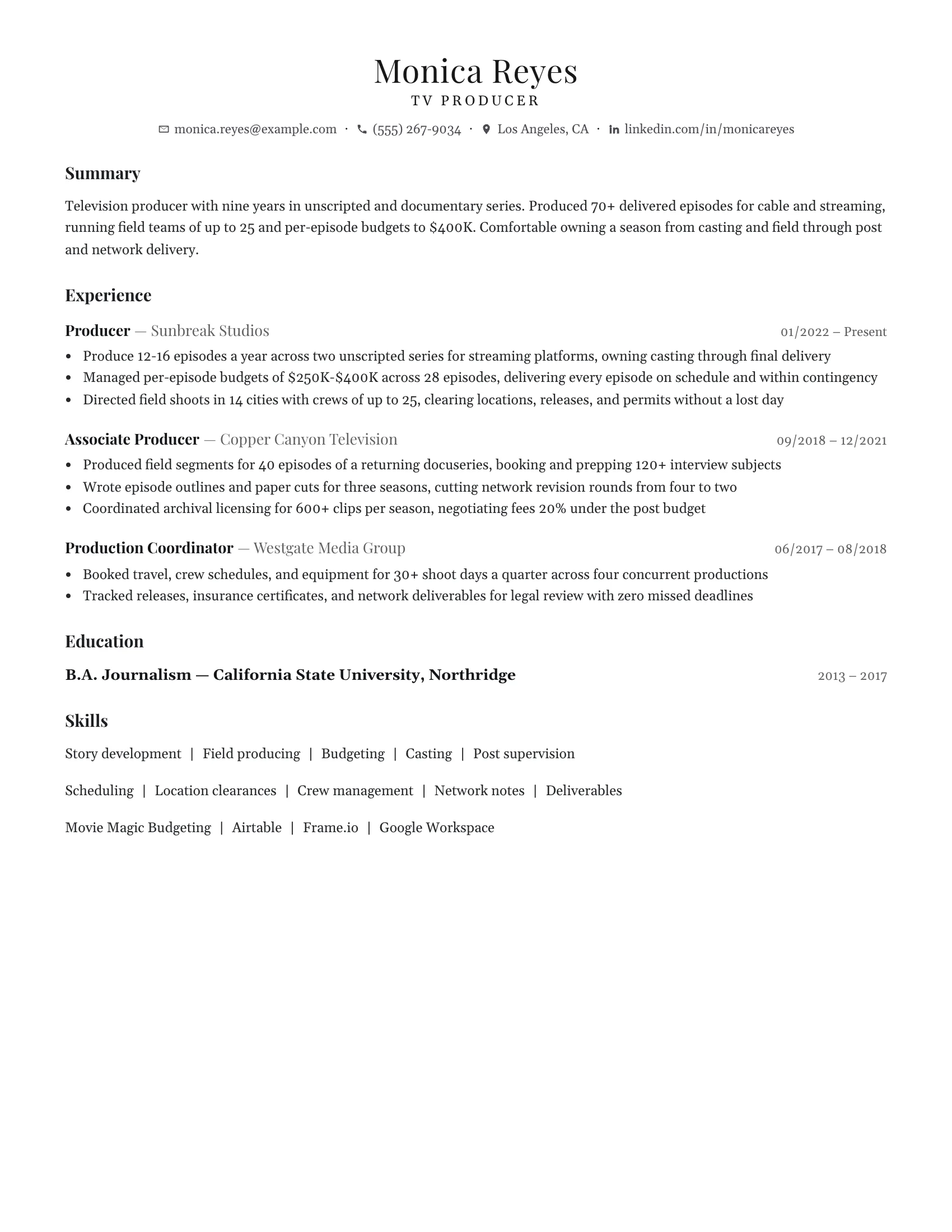 TV Producer · Slate resume template preview