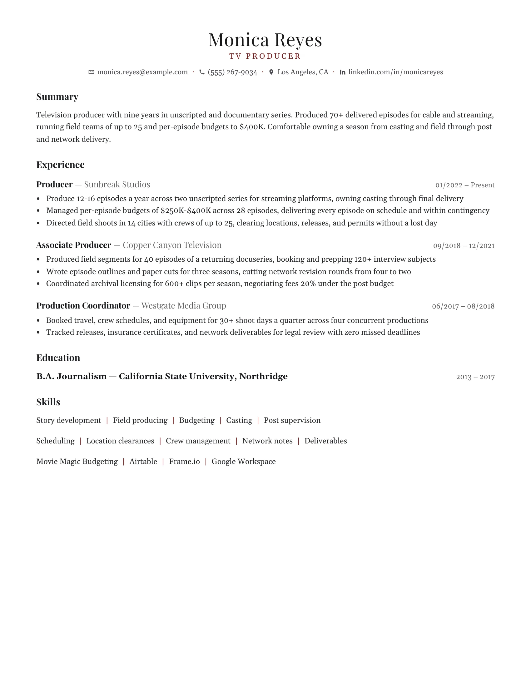 TV Producer · Slate (Red) resume template preview