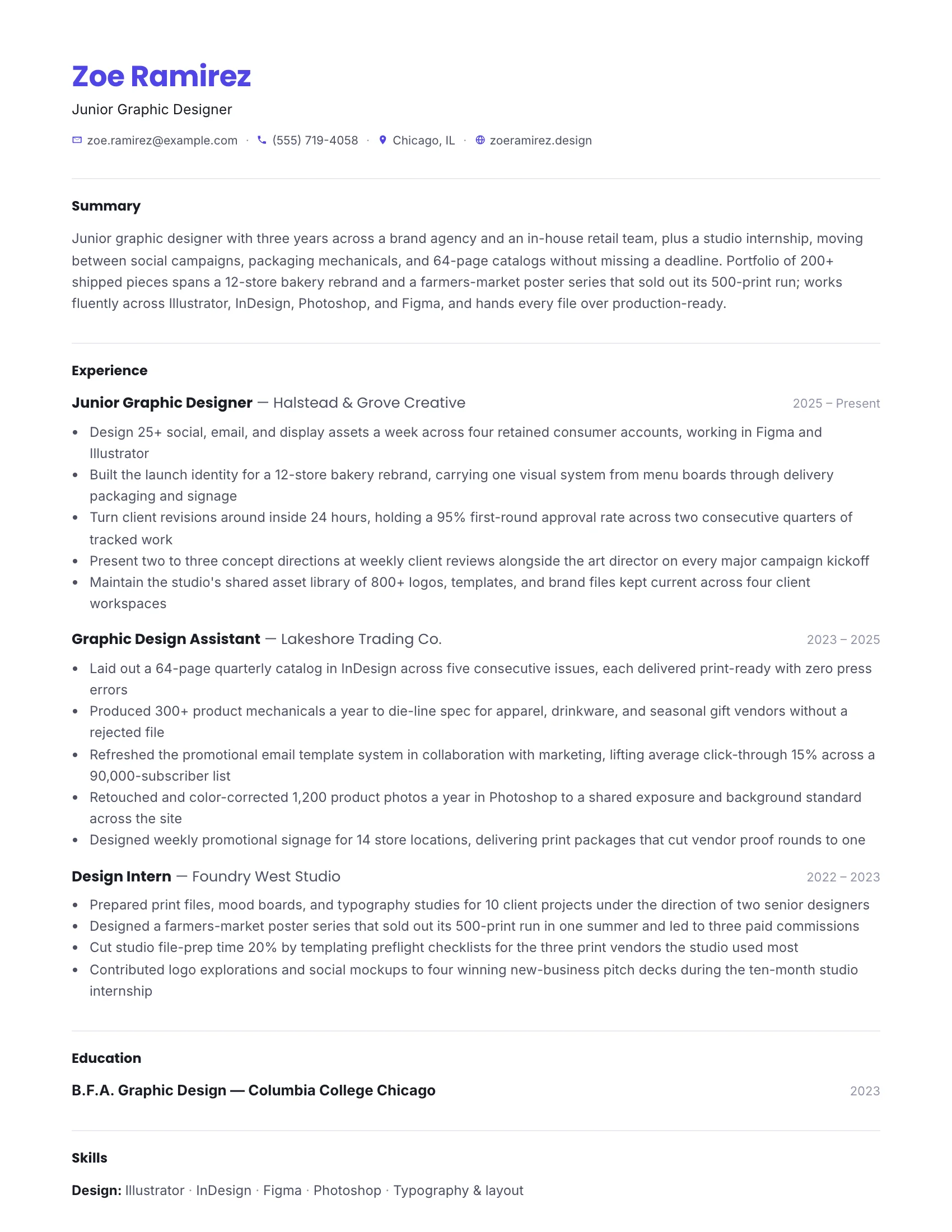 Junior Graphic Designer · Typesheet (Indigo) resume template preview