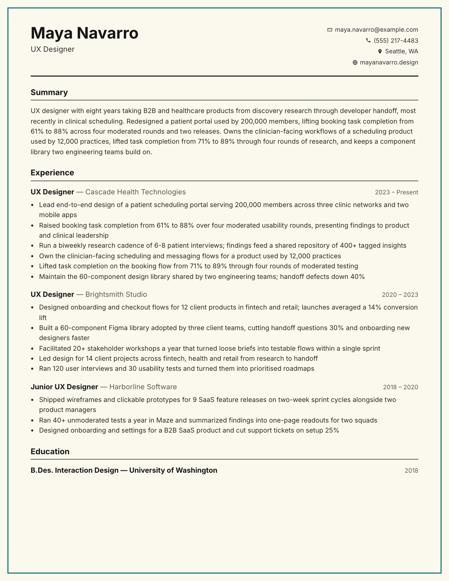 UX designer resume example — sample document