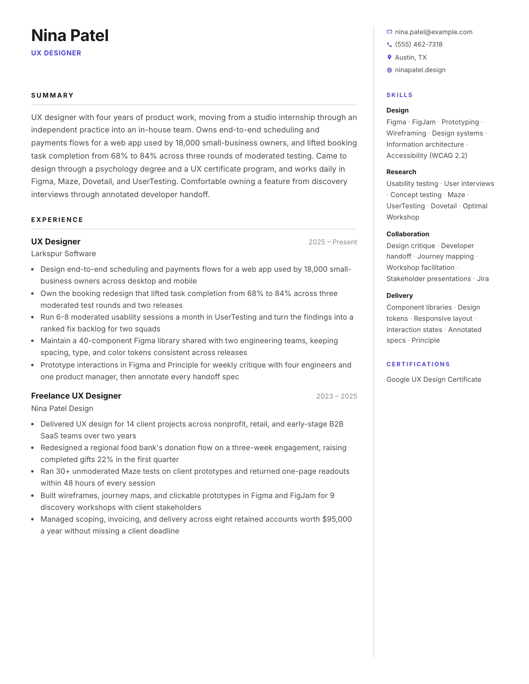 UX Designer · Right Rail resume template preview