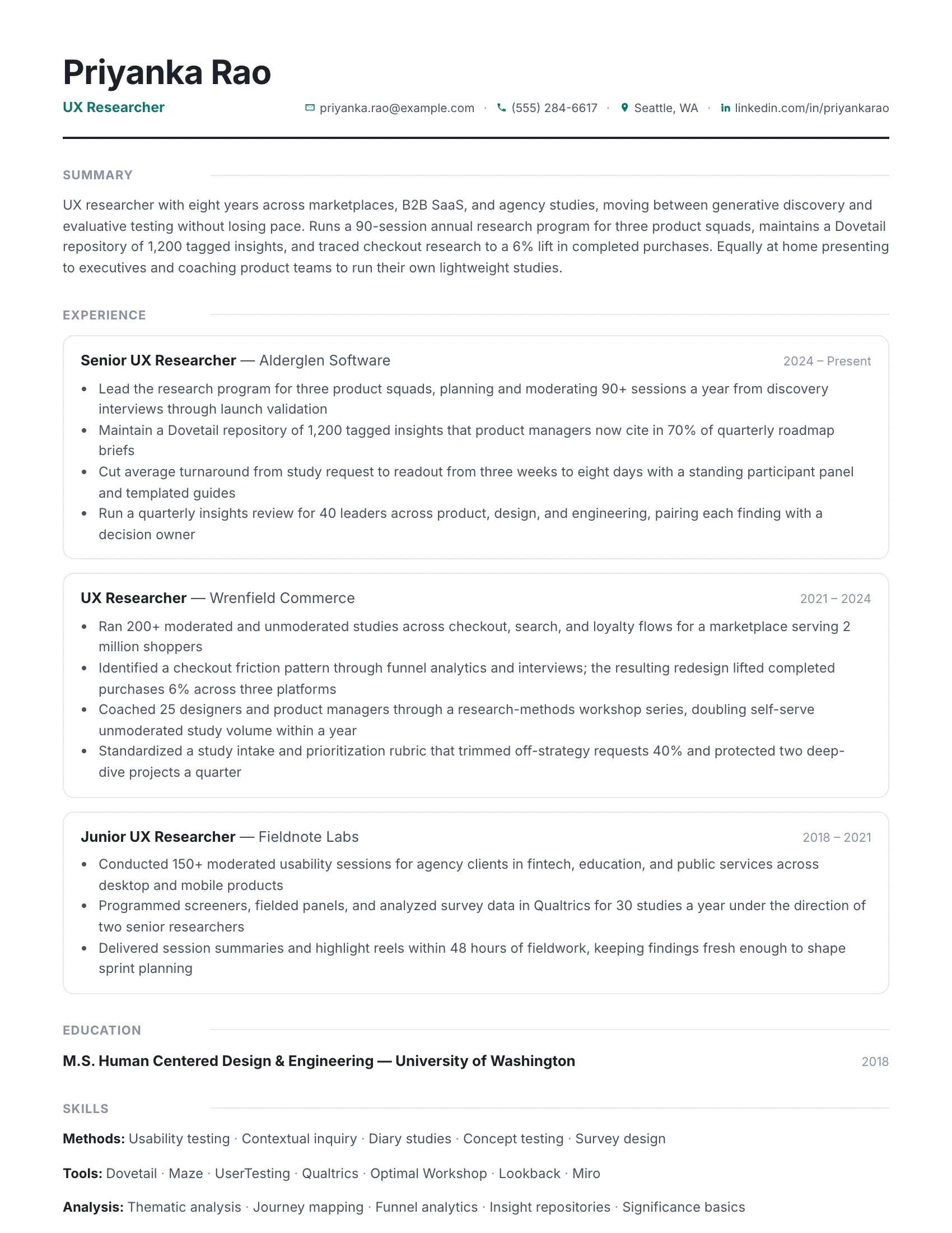 UX Researcher · Railline resume template preview