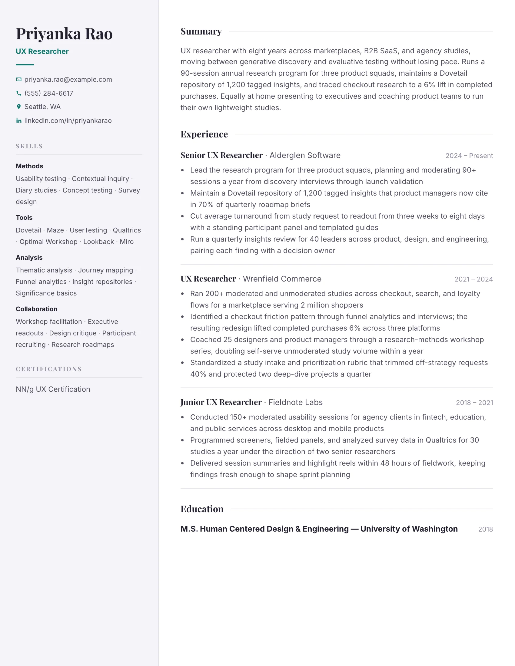 UX Researcher · Quiet Rail resume template preview
