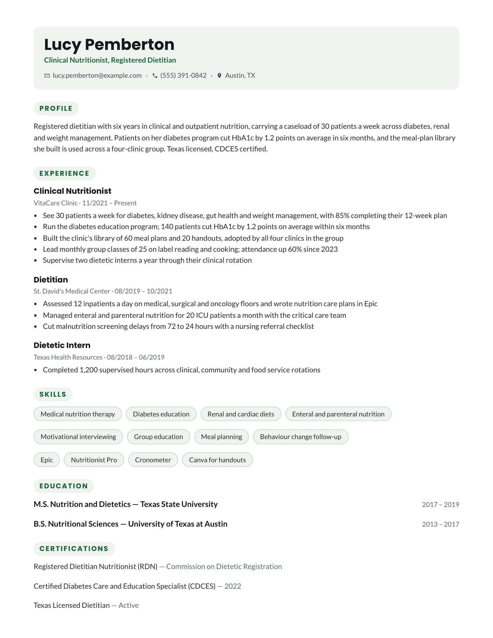 Nutritionist · Fresh resume template preview