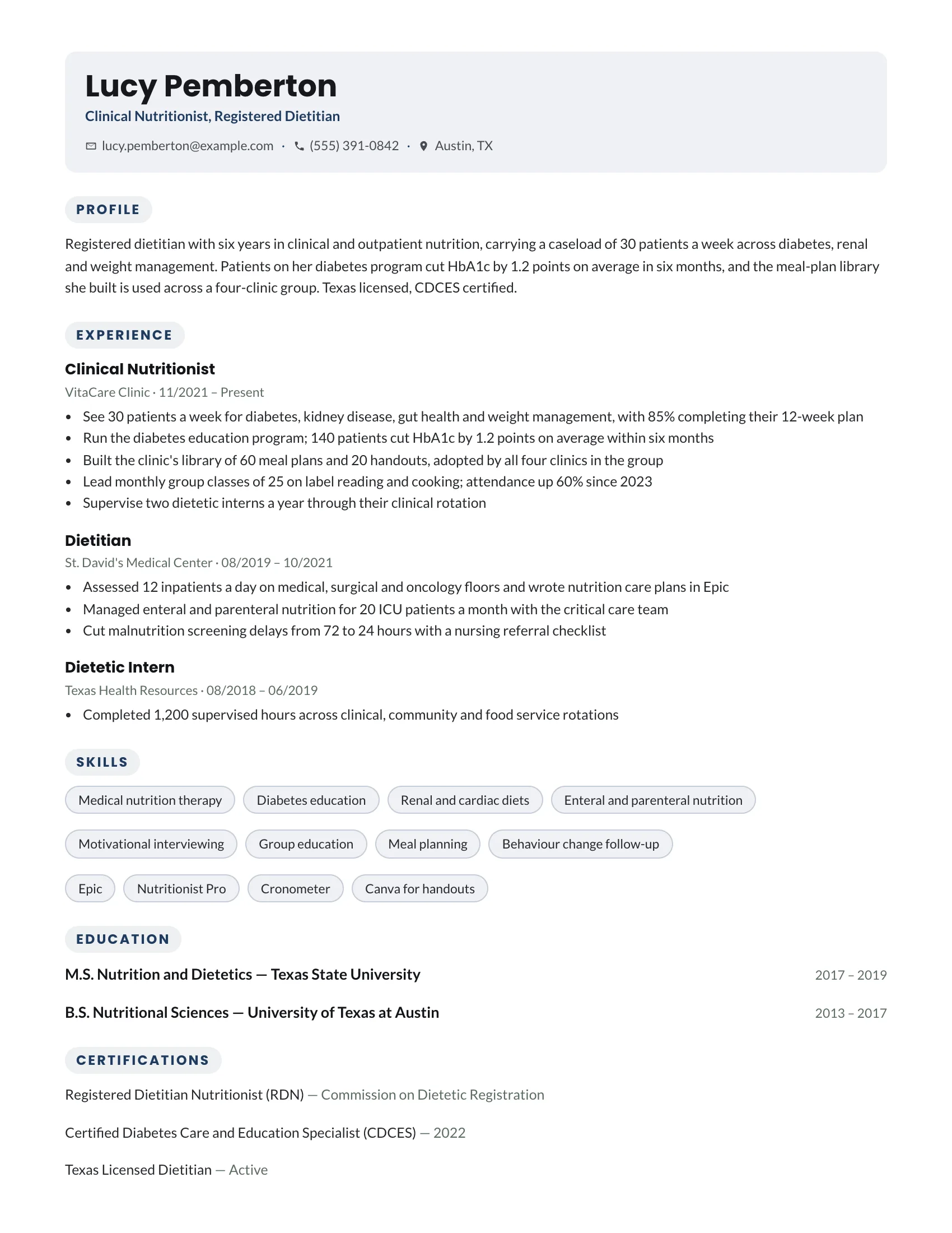 Nutritionist · Fresh (Navy) resume template preview