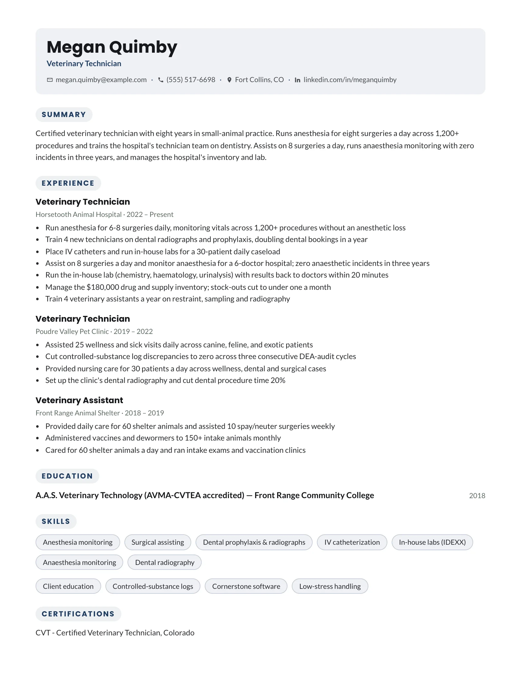 Veterinary Technician · Fresh resume template preview