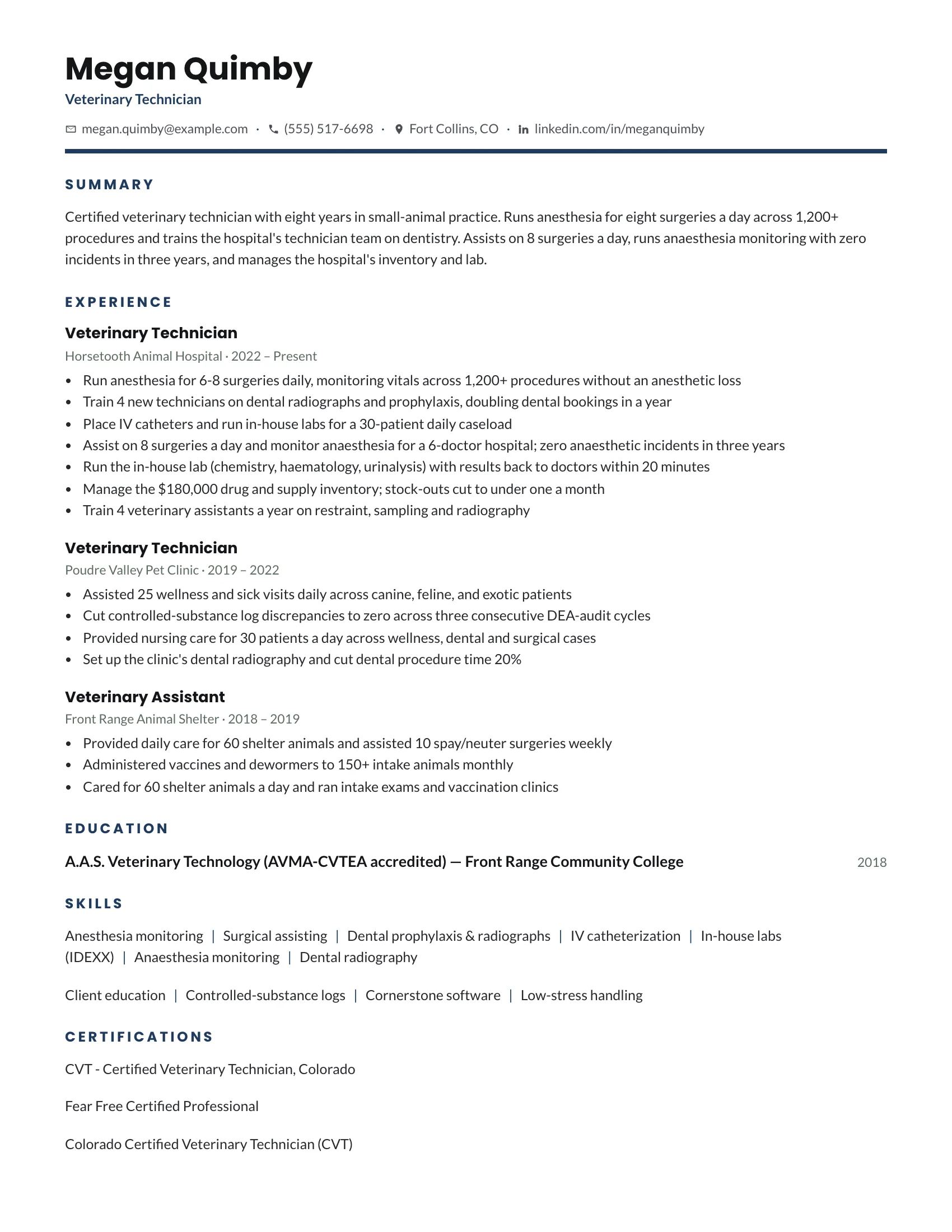 Veterinary Technician · Greenline resume template preview