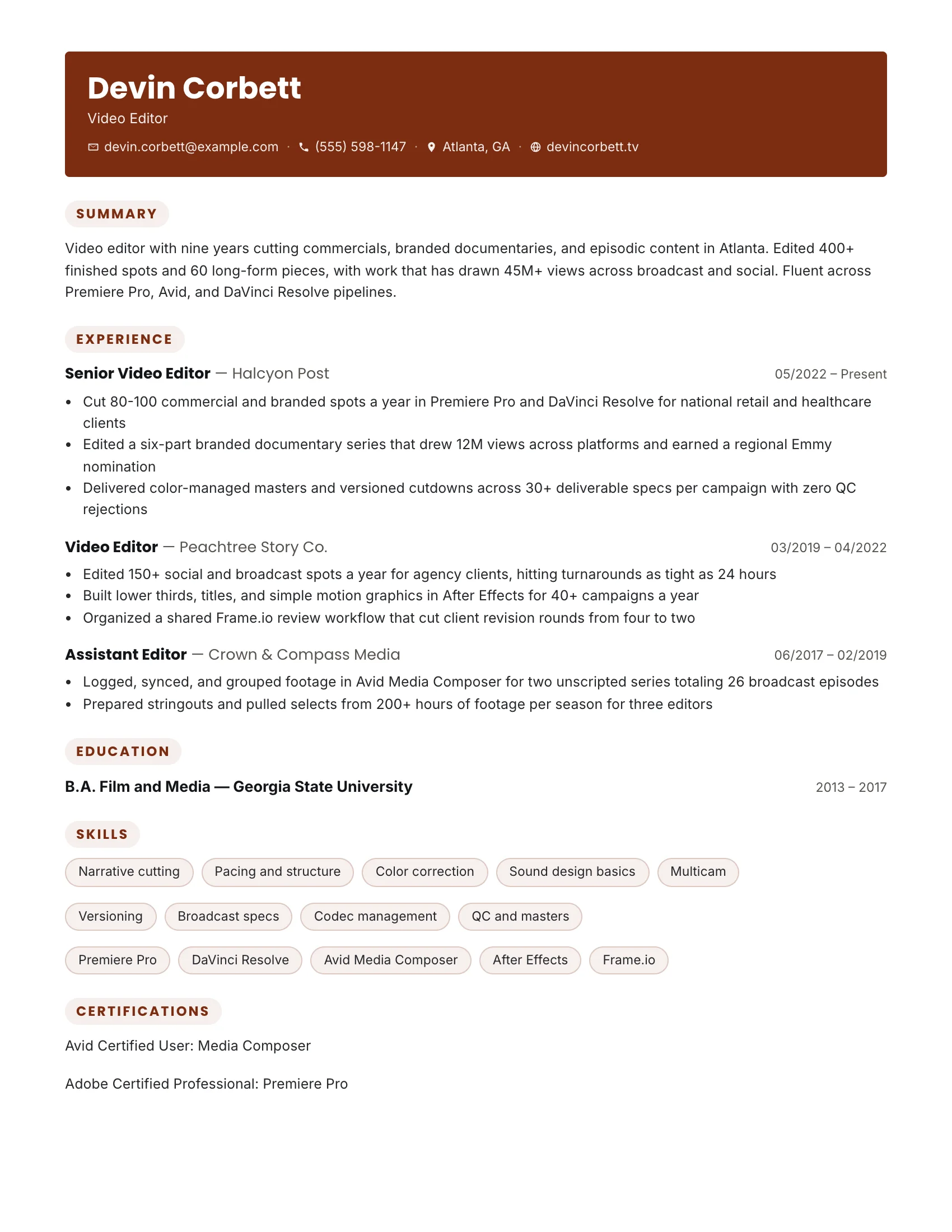 Video Editor · Timeline resume template preview