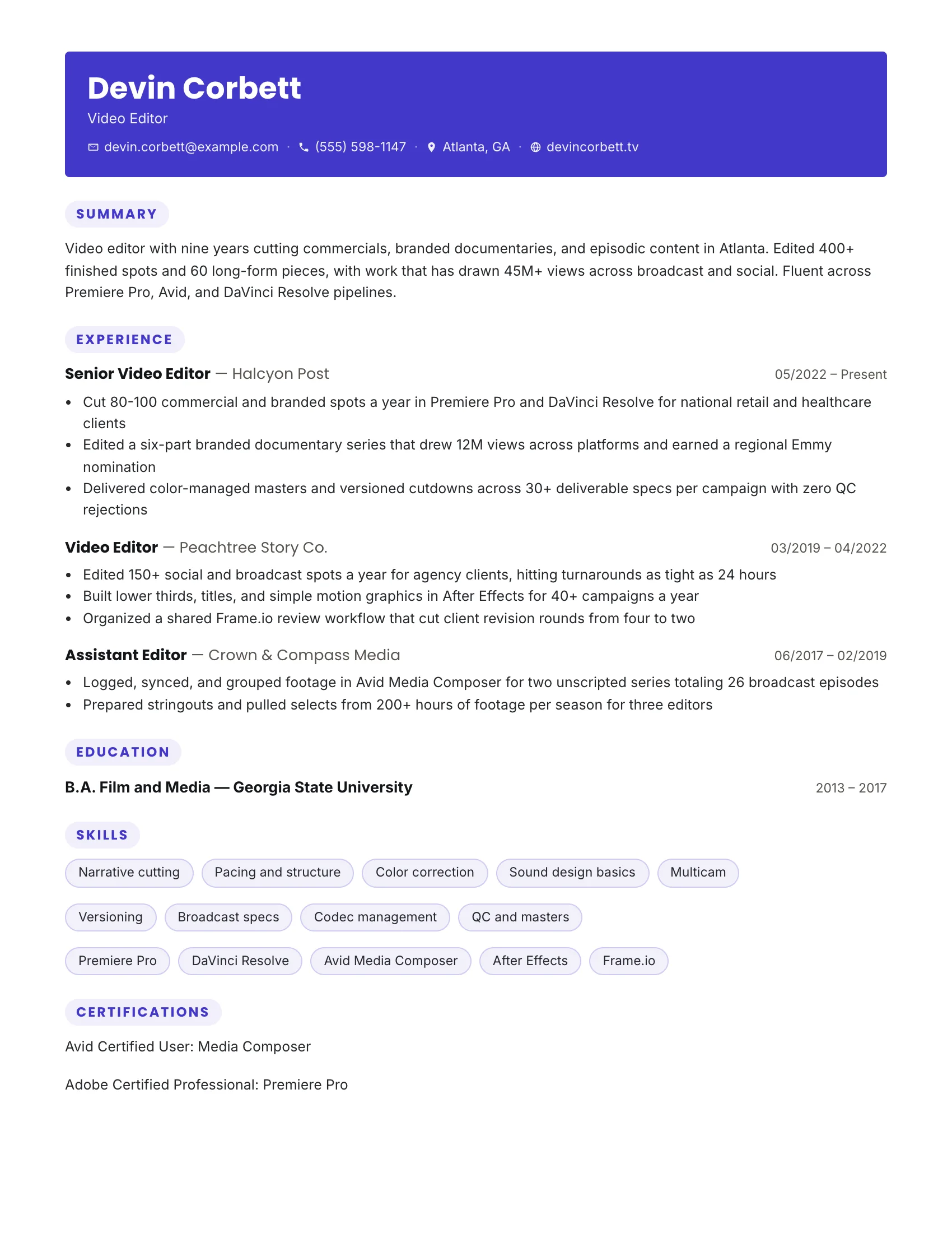 Video Editor · Timeline (Indigo) resume template preview