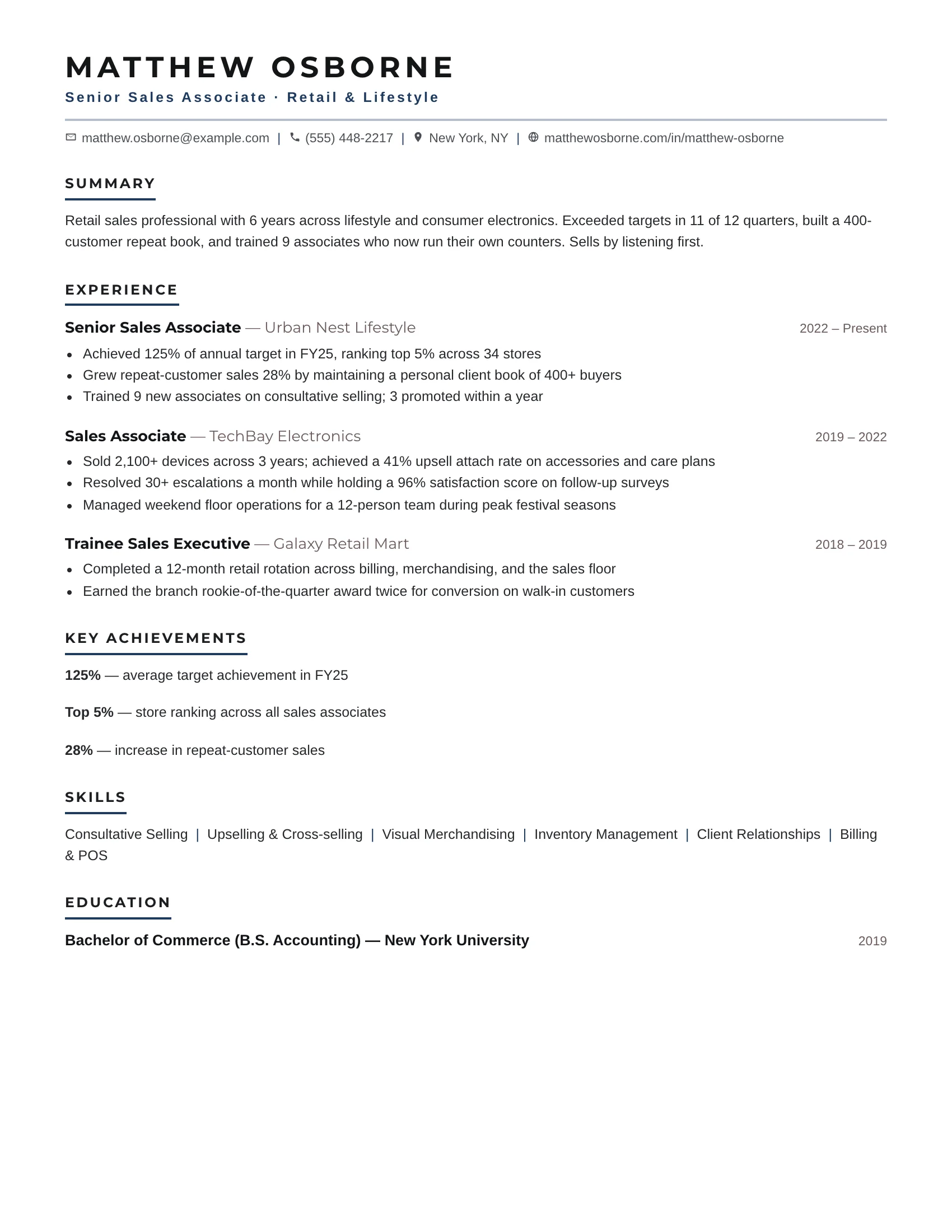 Sales · Visibility (Navy) resume template preview