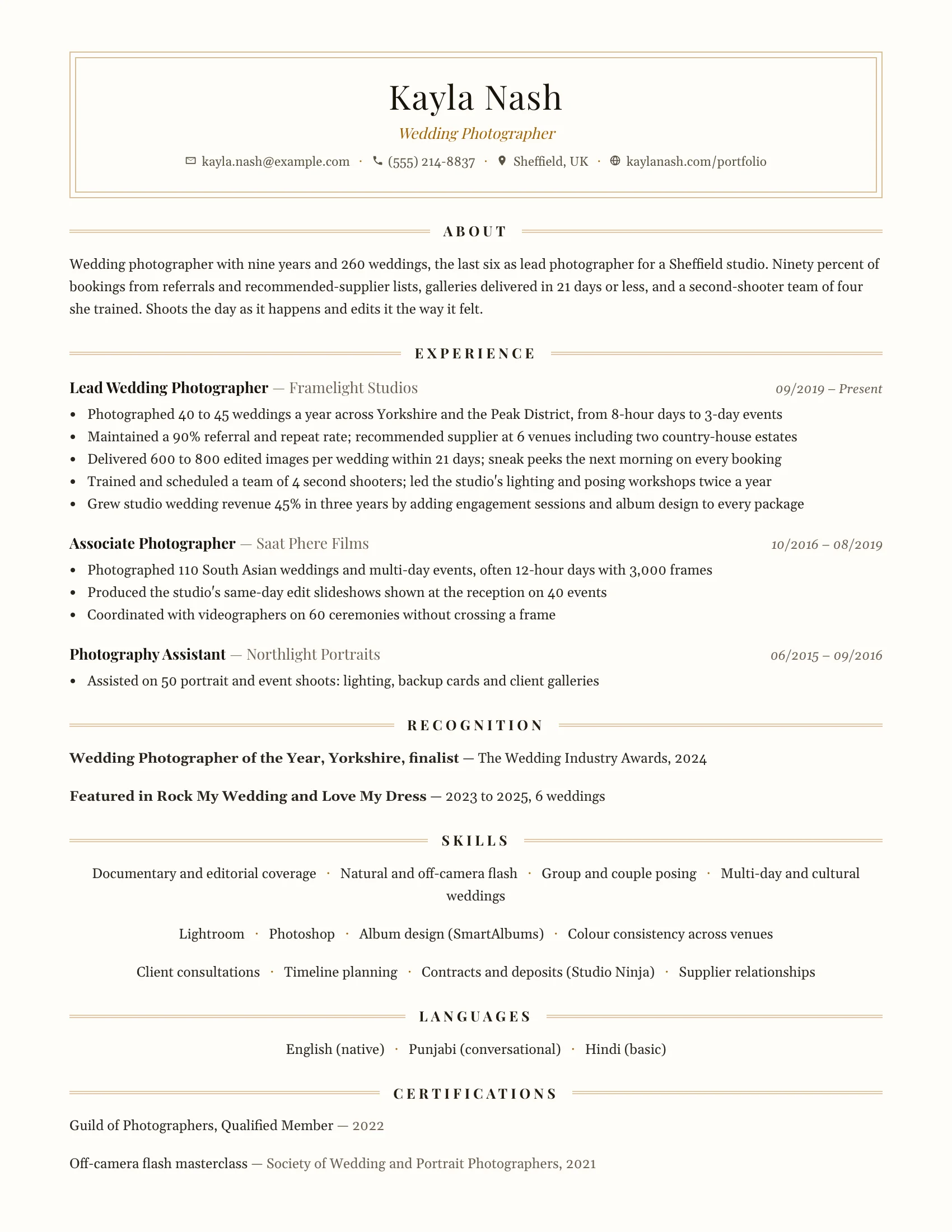 Wedding photographer resume example — sample document