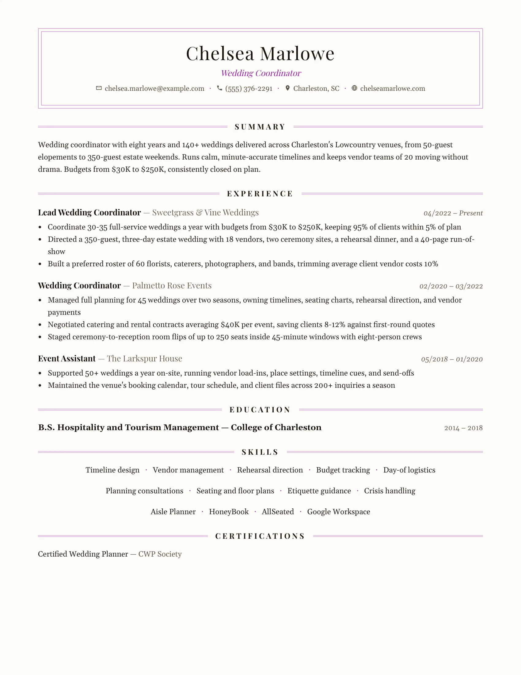 Wedding Coordinator · Vow resume template preview