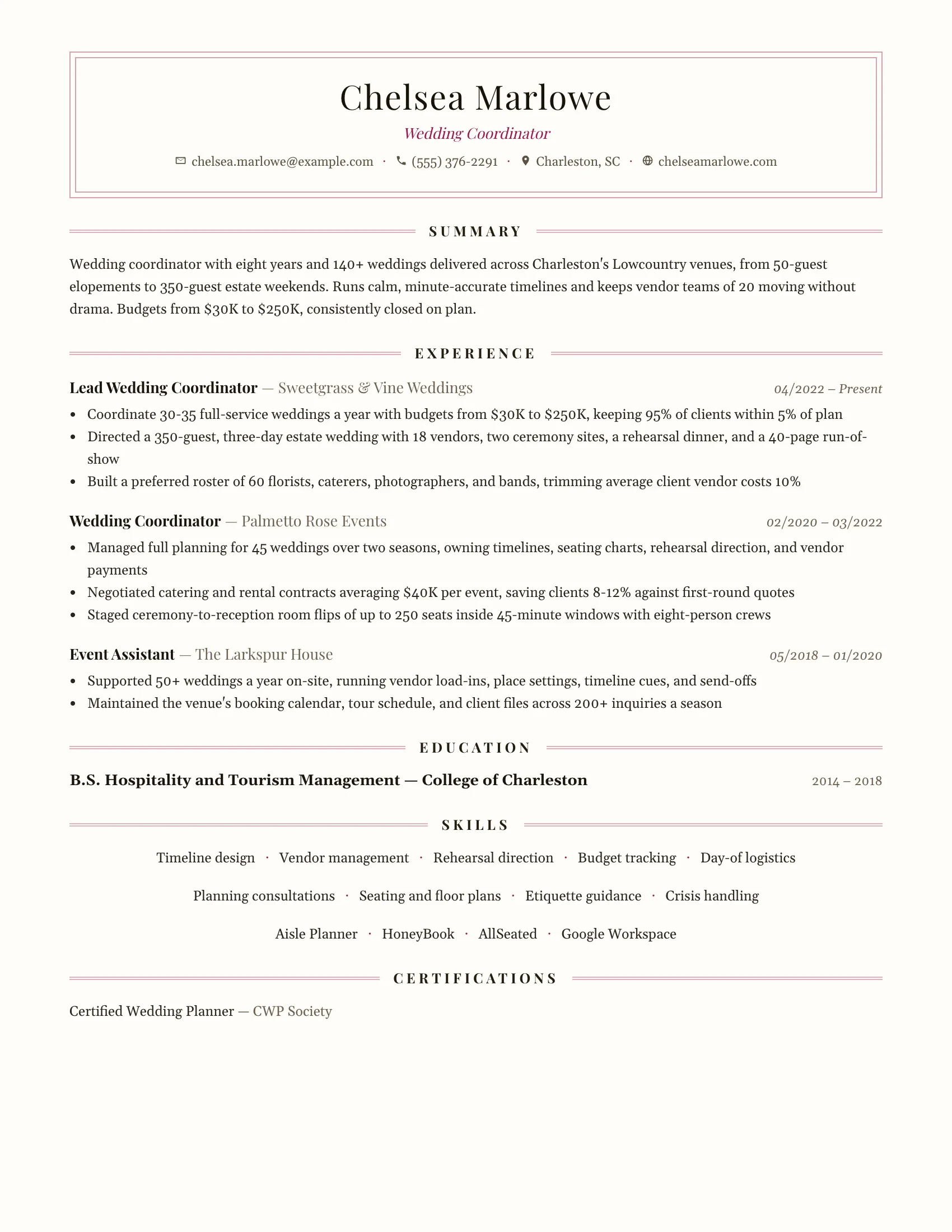 Wedding Coordinator · Vow (Rose) resume template preview