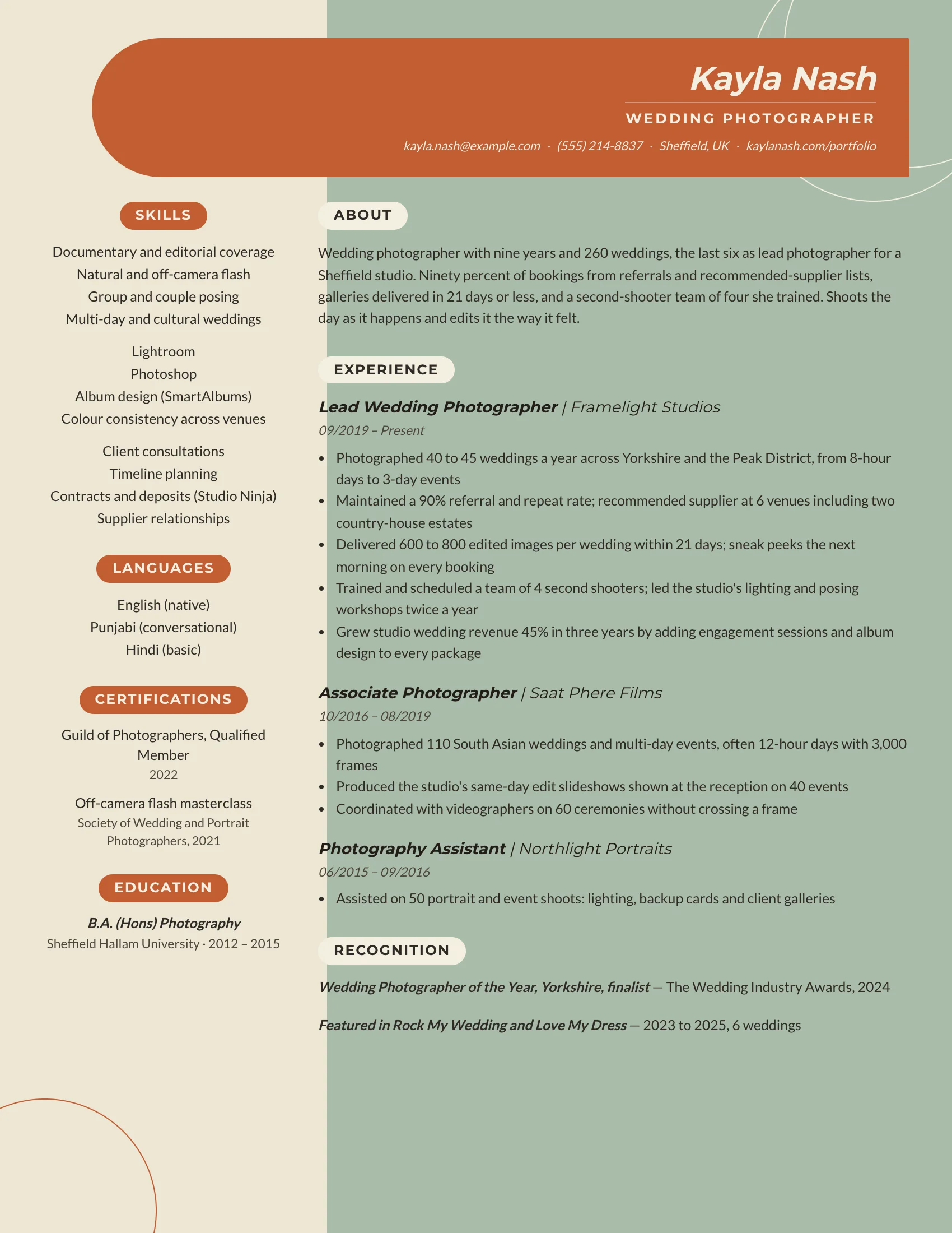 Wedding Photographer resume template preview